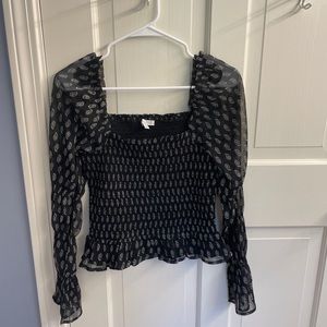 patrons of peace black long sleeve top with white paisley print